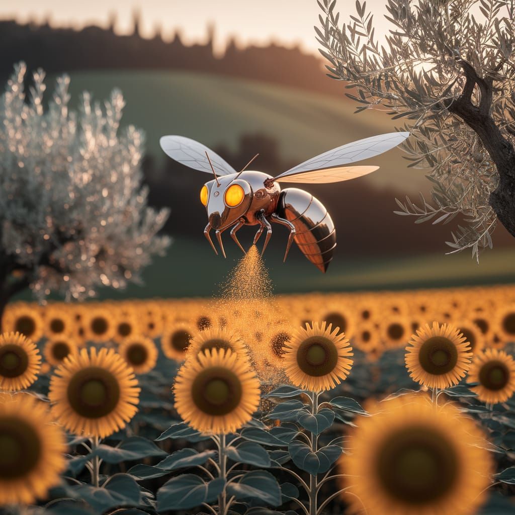Bio-Robotic Bee in Sunflower Field at Golden Hour