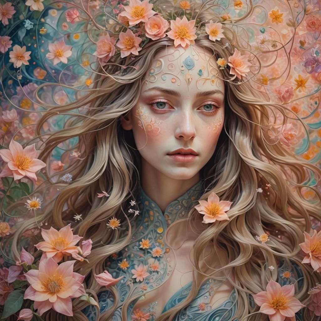 Surreal Woman in Dream Garden, as Surrealist Painting