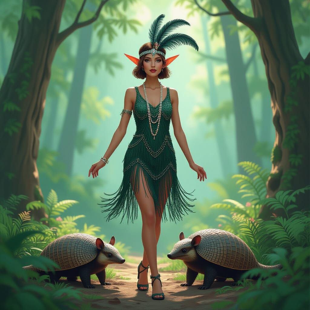 Flapper Elf with Armadillo in Lush Forest