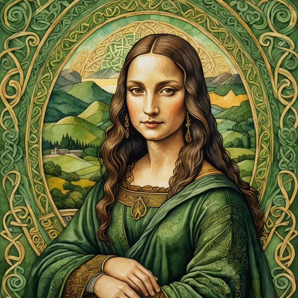 Mona Lisa with Celtic Knotwork in Watercolor Style