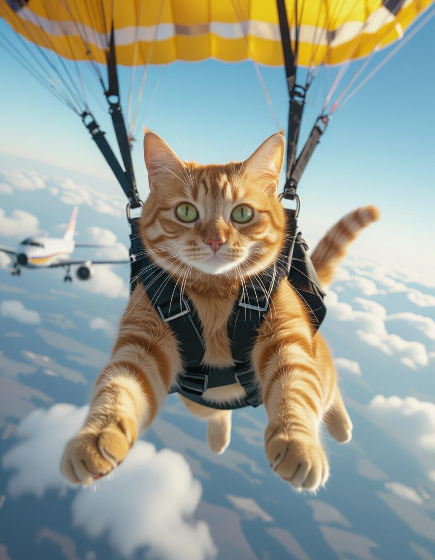 Skydiving Tabby Cat in Photorealistic Digital Art Style