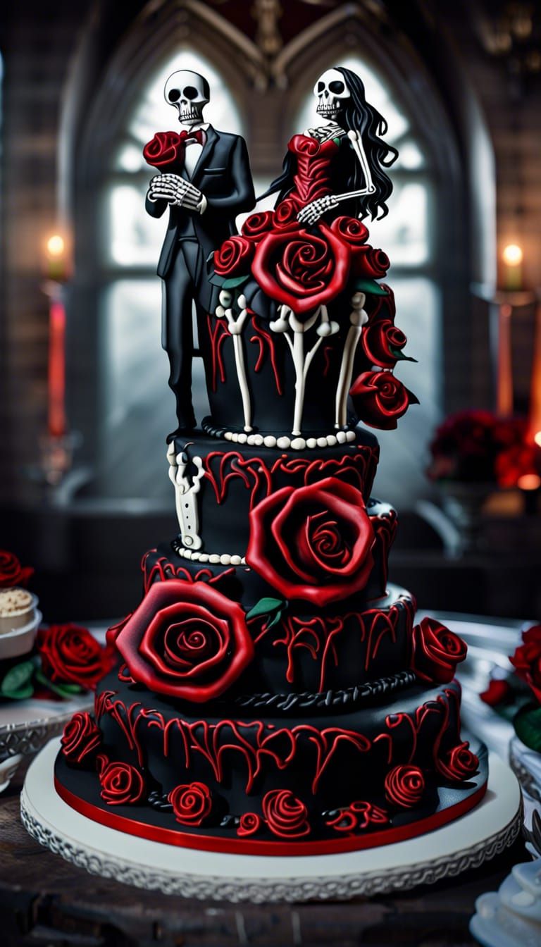 Gothic Wedding Cake with Skeleton Topper: Hyperrealistic Art