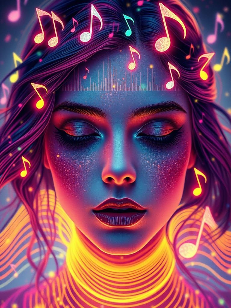 Abstract Synthwave Portrait of Musical Notes and Sound Waves