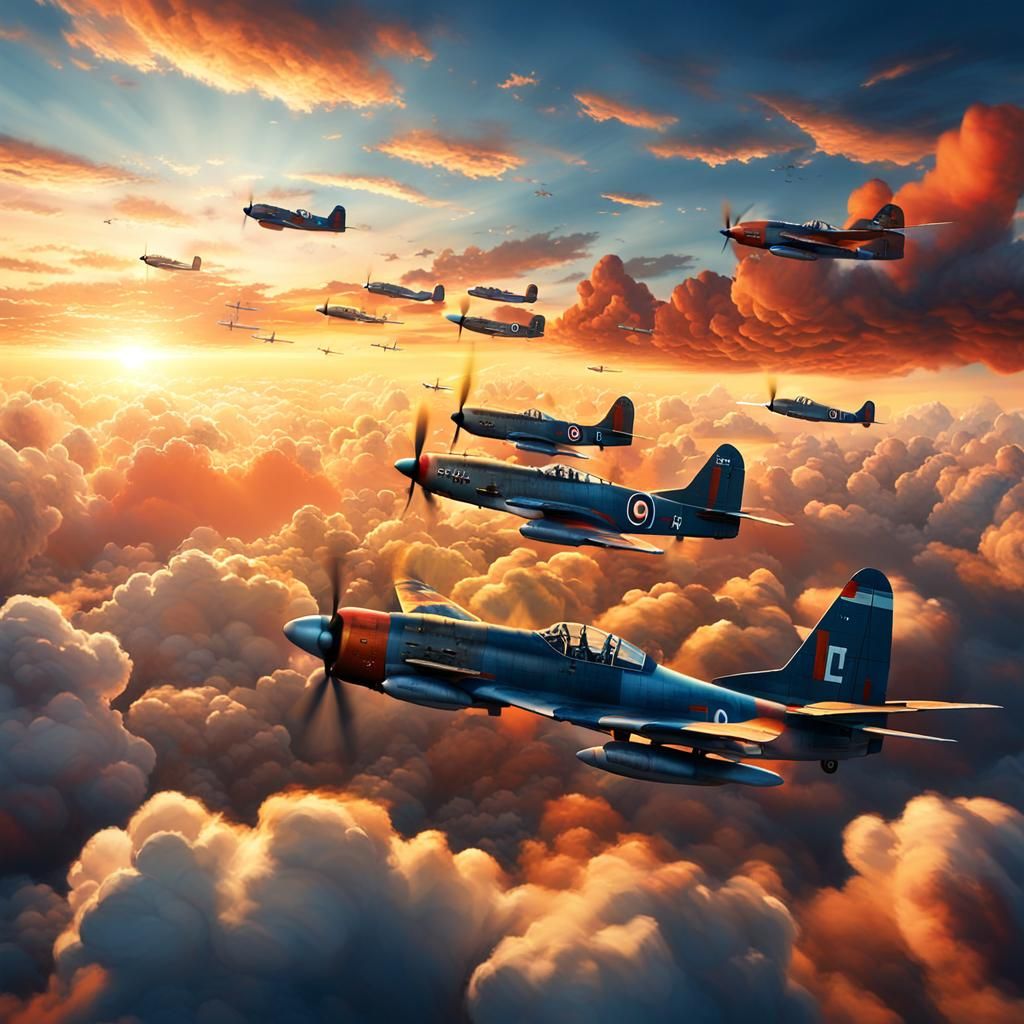 Vintage Fighter Planes Soaring at Sunset: Digital Art