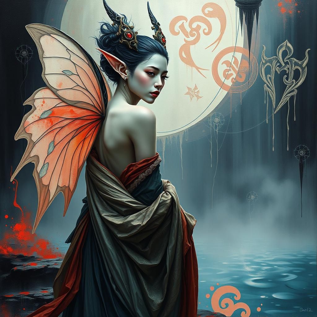 Ethereal Fairy Geisha with Impasto and Art Deco Elements