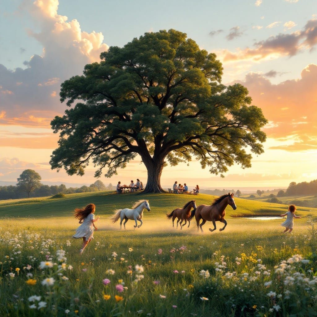 Majestic Horses Run Free in a Vibrant Sunset Landscape