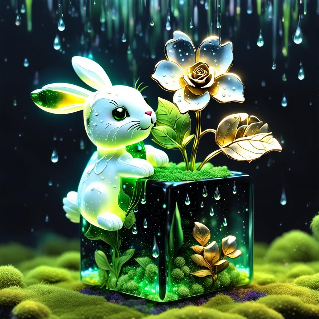 Opalescent Glass Bunny in Glowing Cube, Digital Art