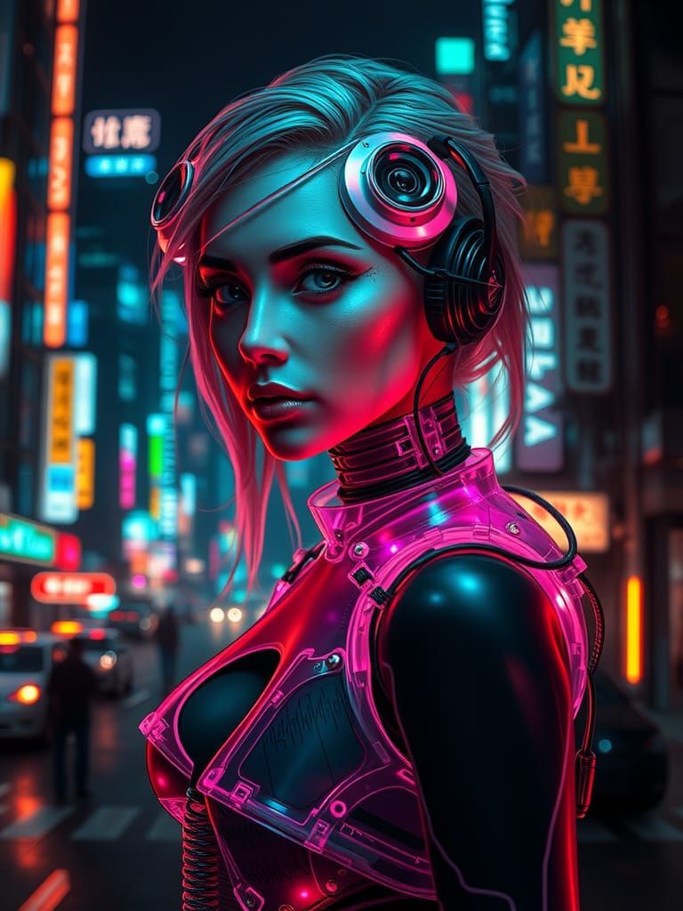 Cyberpunk Woman with Bio-Mechanical Augmentations in Neon Ci...