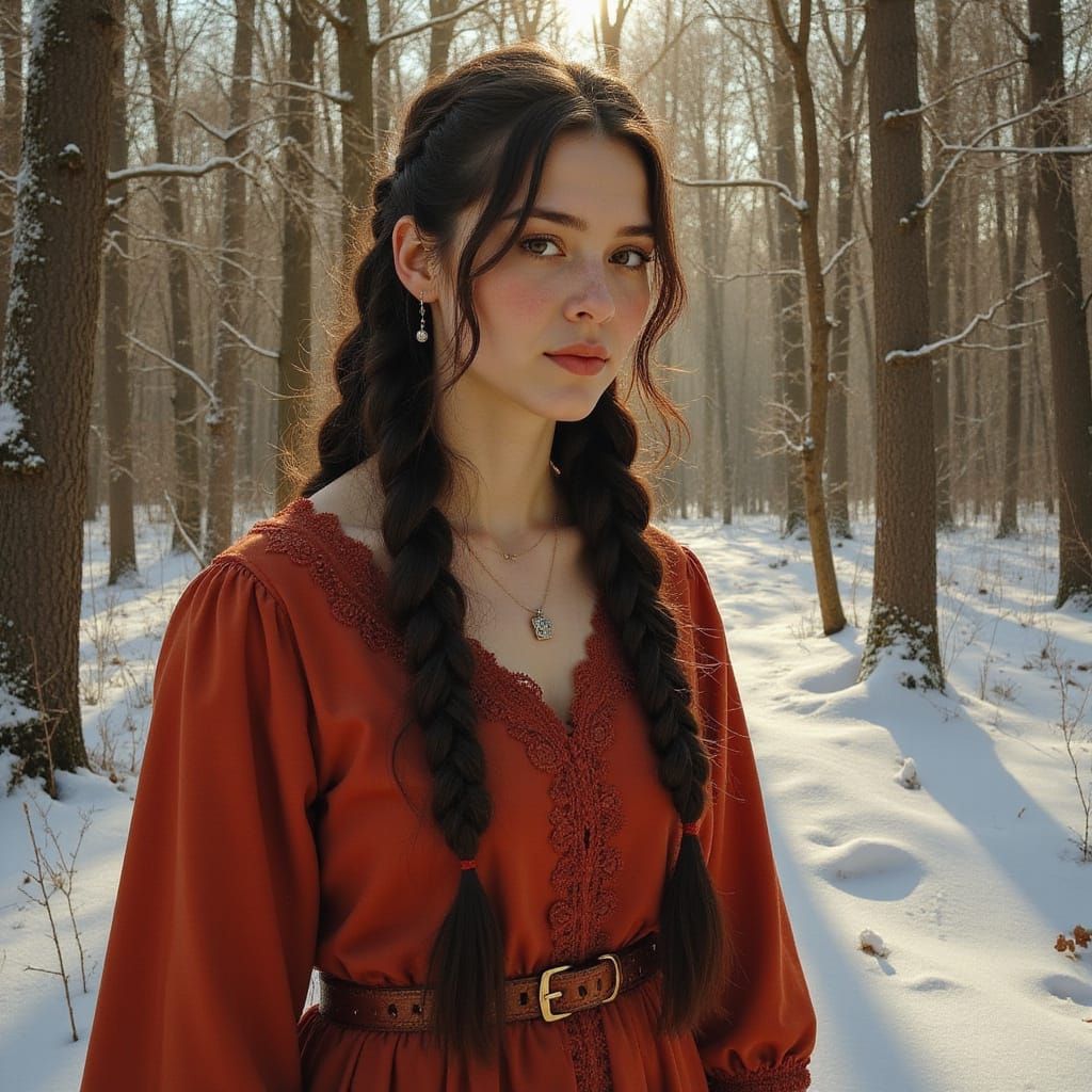 Ethereal Russian Beauty Walks in Winter Forest