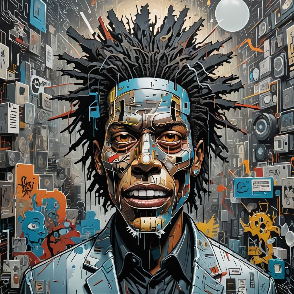 Abstract 3D Art in Basquiat Style with Silver Light