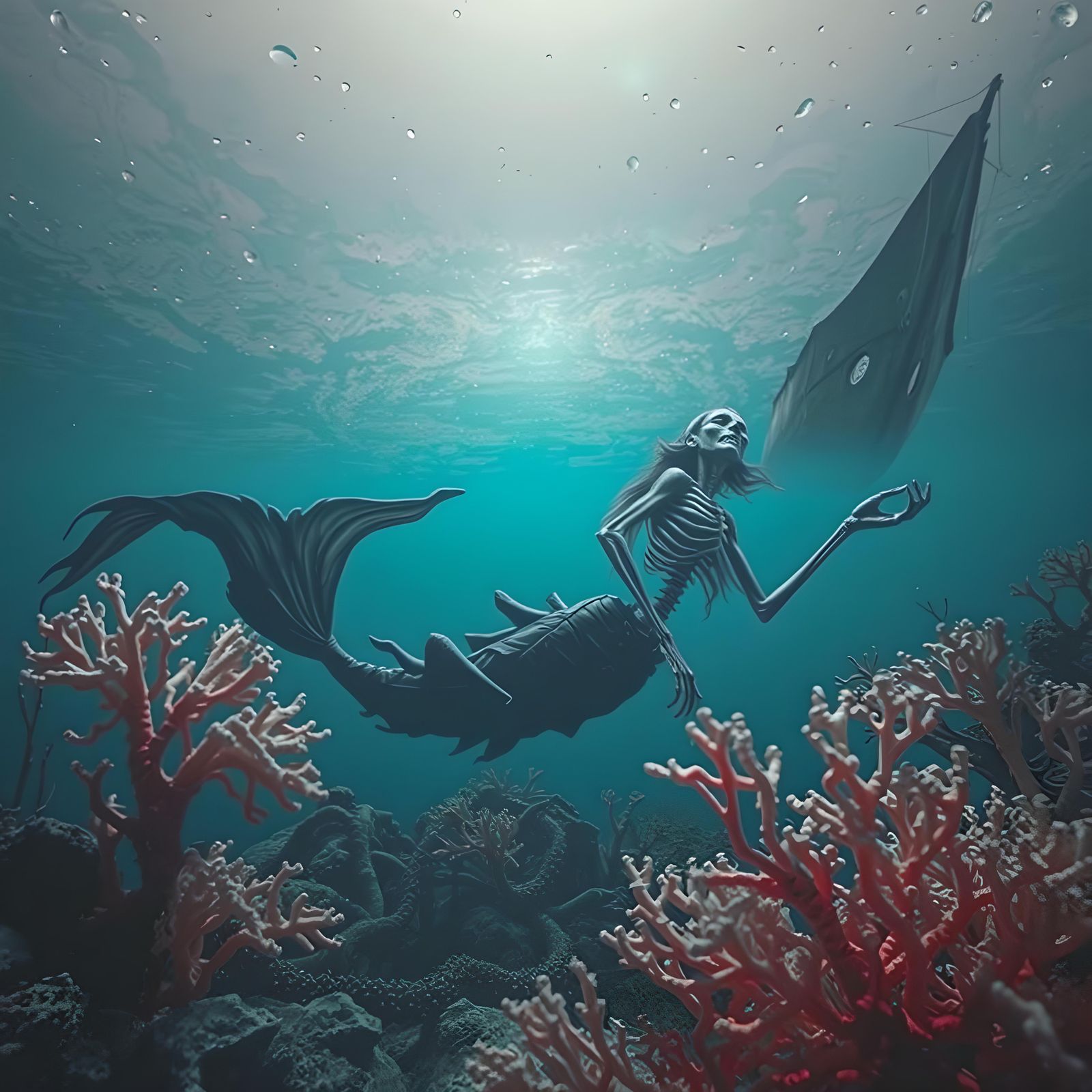 Withered Mermaid in Bleached Coral Reef: Cinematic 8k