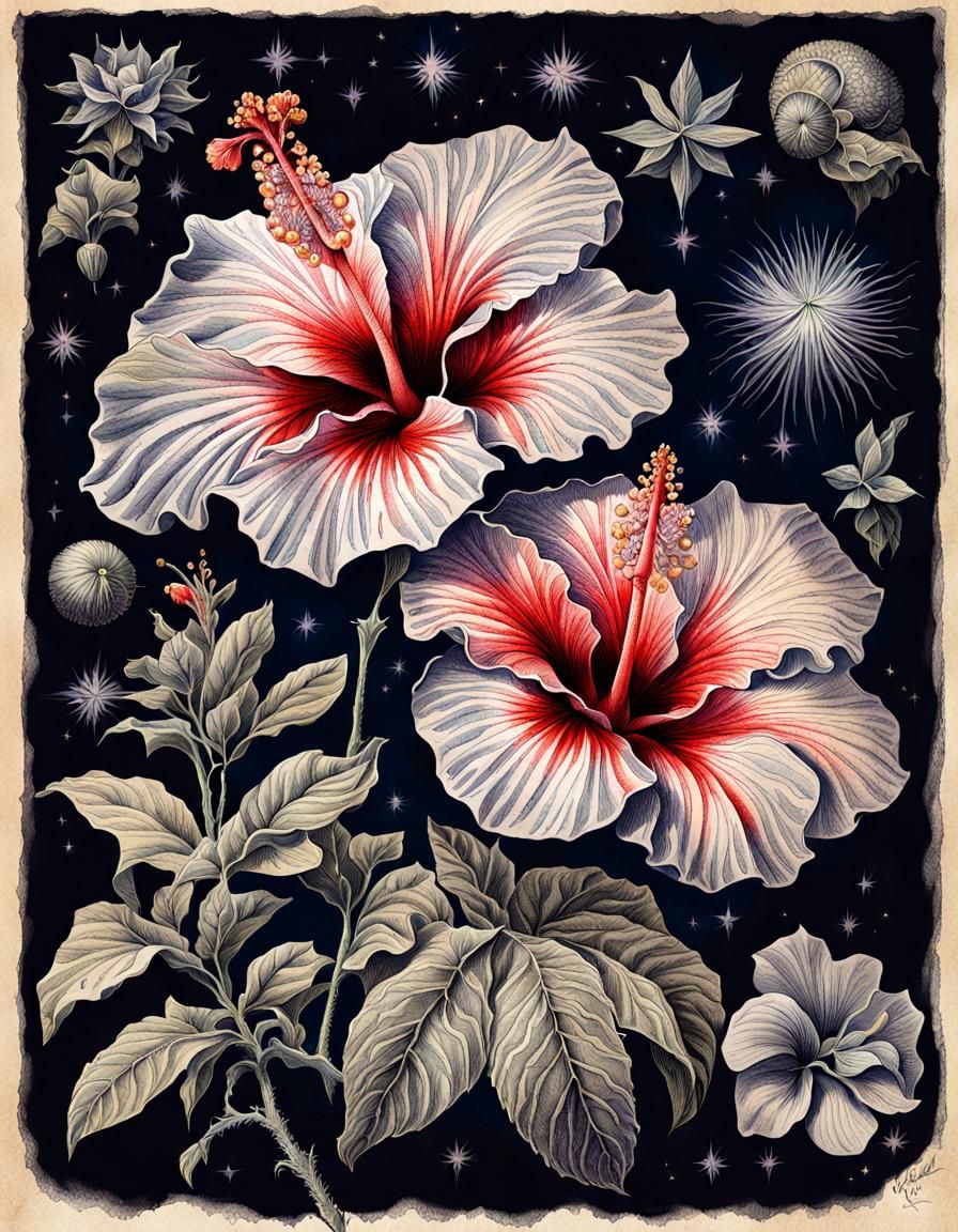 Hibiscus Flowers in Colored Ink Sketch Style