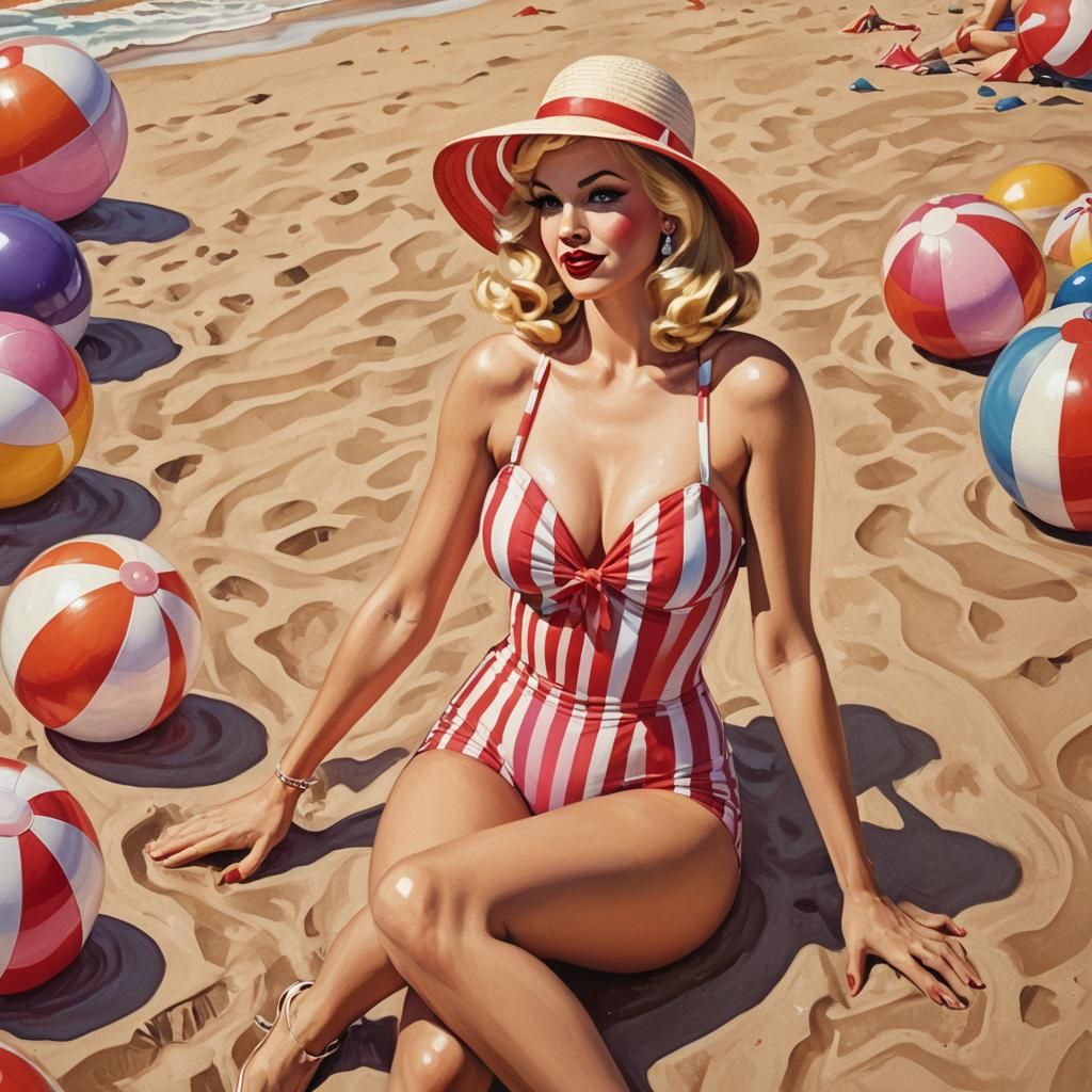 Ultra gorgeous blonde retro pin up girl wearing a red bathing suit and sun hat sitting on a red and white beach ball.