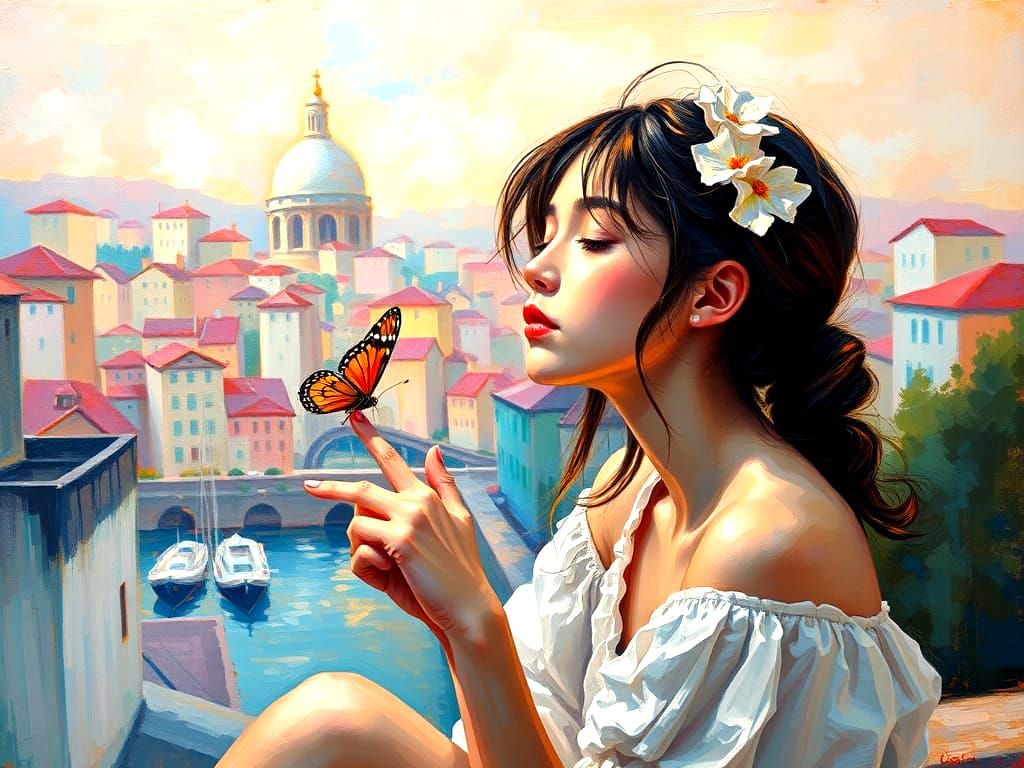 Girl with Cityscape and Butterfly in Neo-Impressionist Style