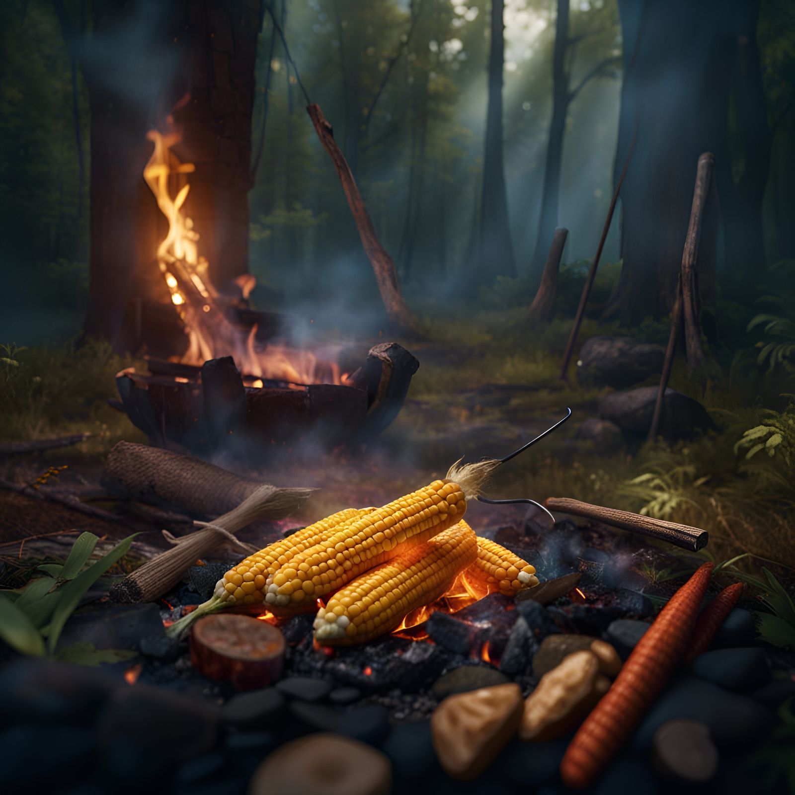 Campfire Corn Roast in Forest: Detailed Matte Painting