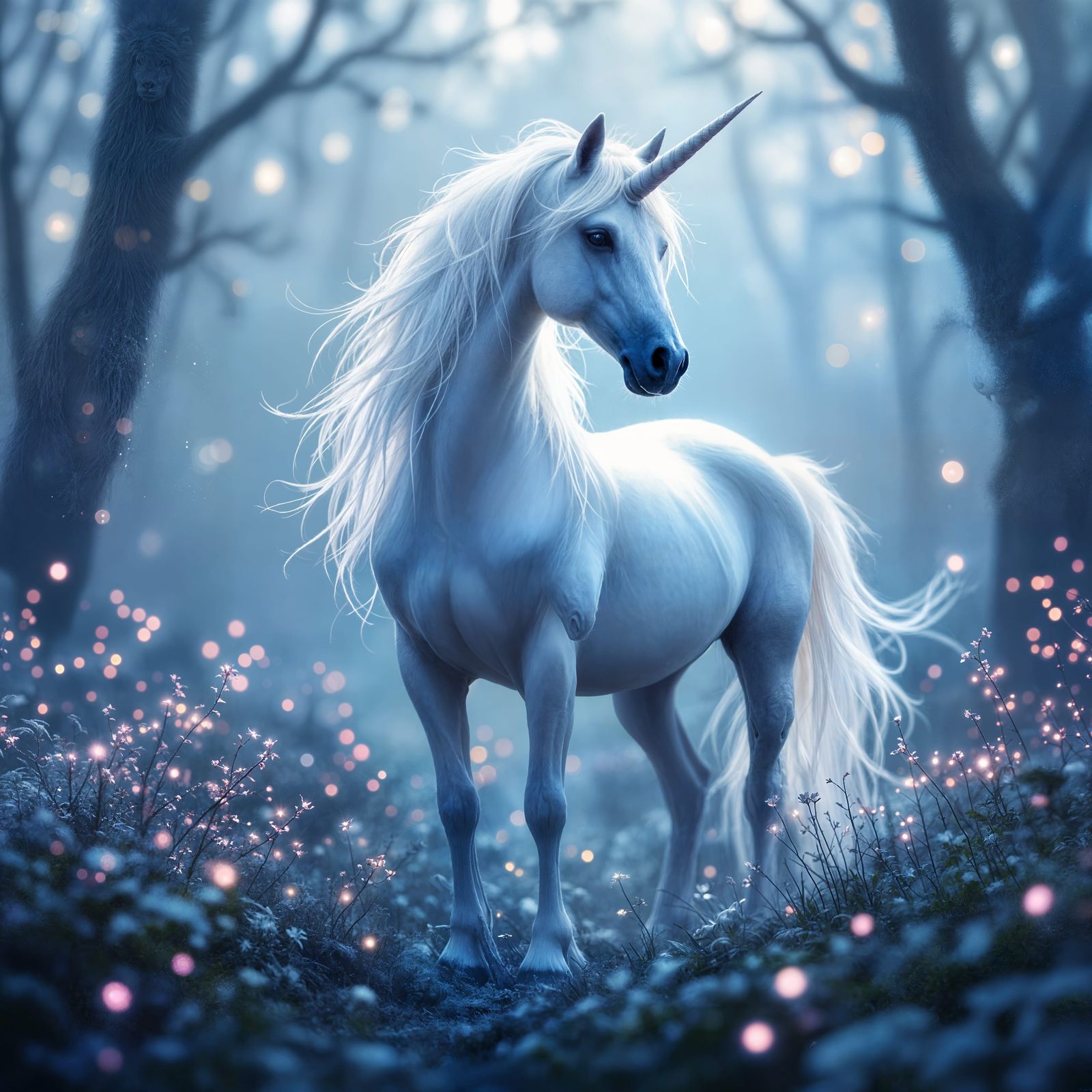 White Unicorn in Bioluminescent Forest: Alcohol Ink Painting
