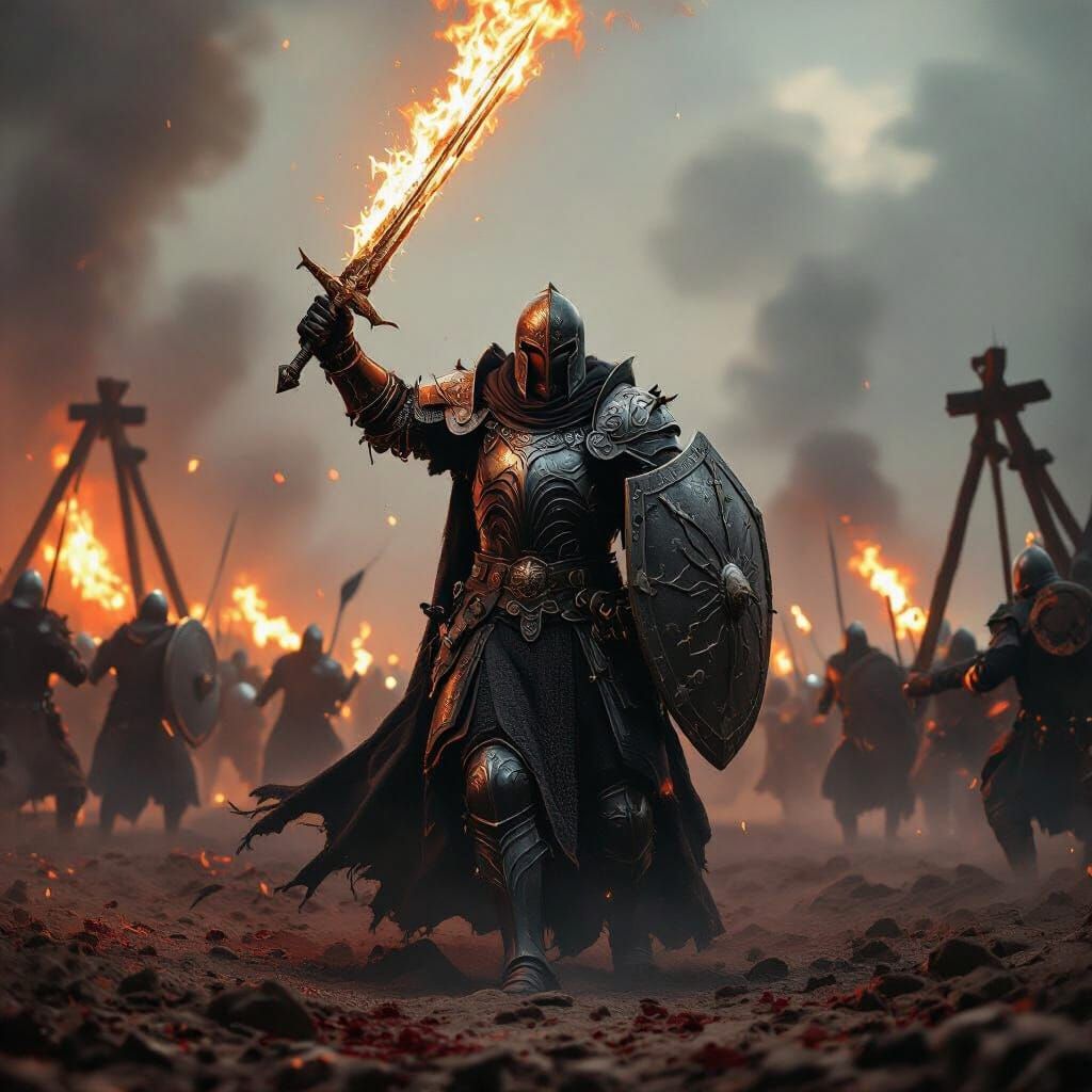 Sinister Warrior Leads Troops in Fiery Medieval Battle