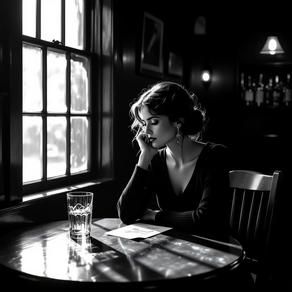 Woman Contemplates Letter at Dimly Lit Bar
