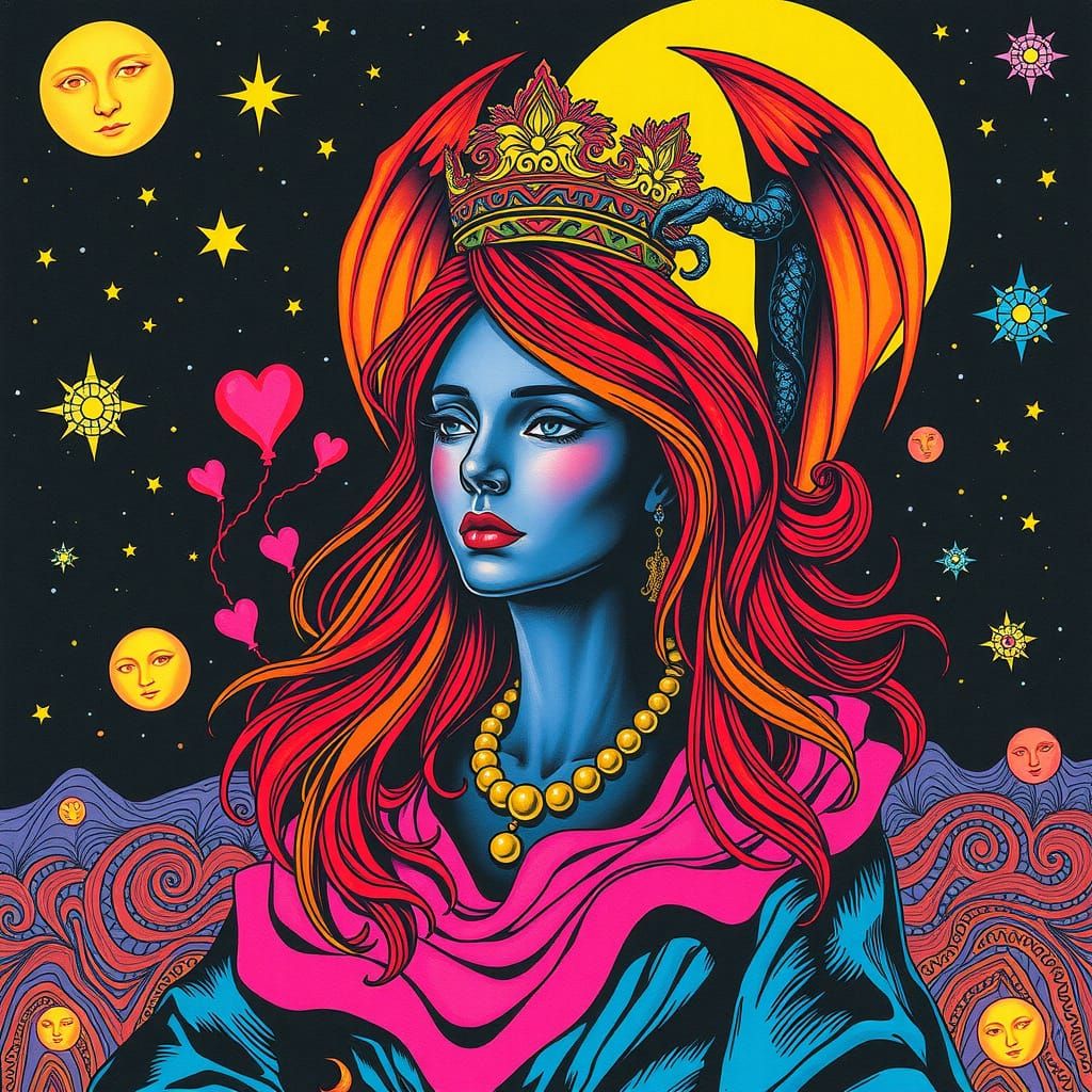 Whimsical Cosmic Queen in Psychedelic Fantasy