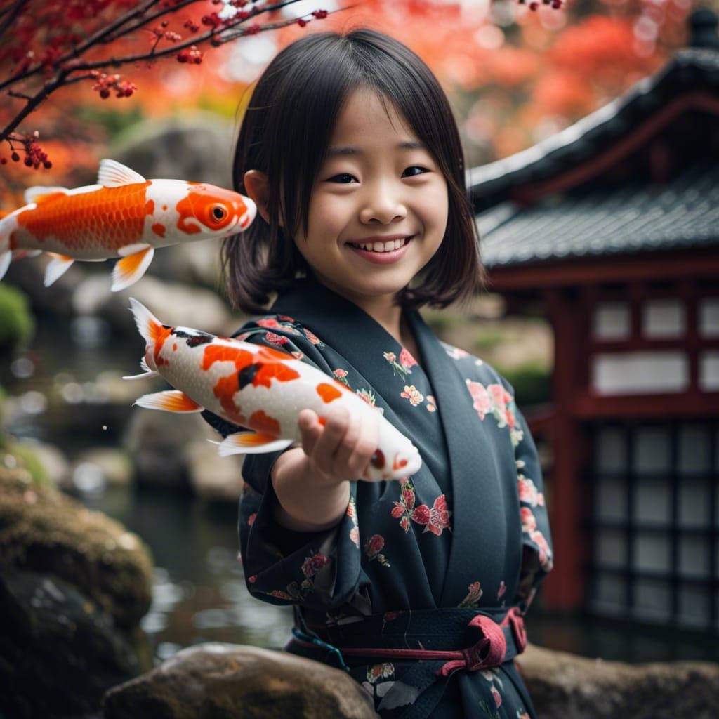Smiling Japanese Girl in Garden with Koi