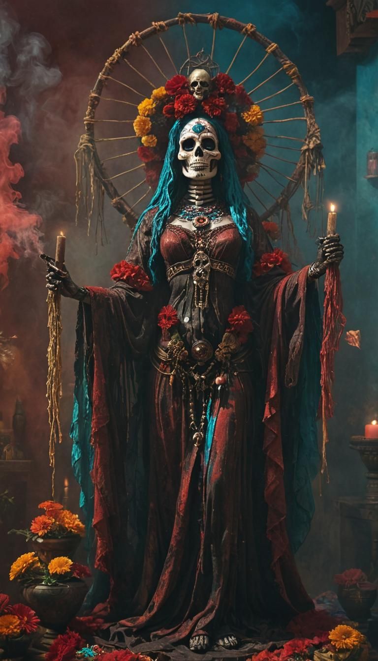 Santa Muerte Altar in Dark Fantasy Oil Painting