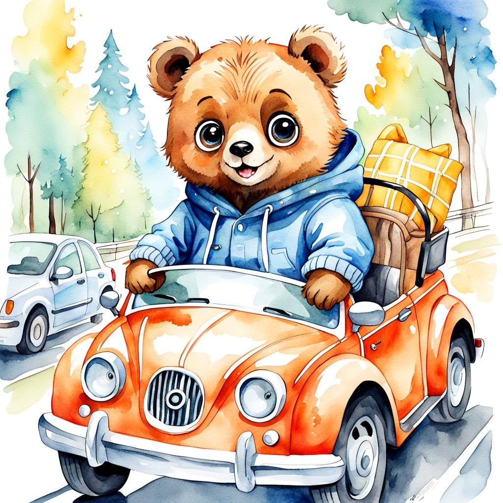 Joyful Bear Driving Car, Watercolor Cartoon Illustration