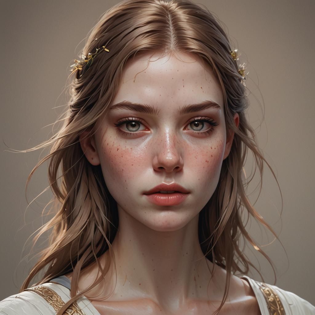 Hyperdetailed Portrait of Freckled Girl in Art Nouveau Style