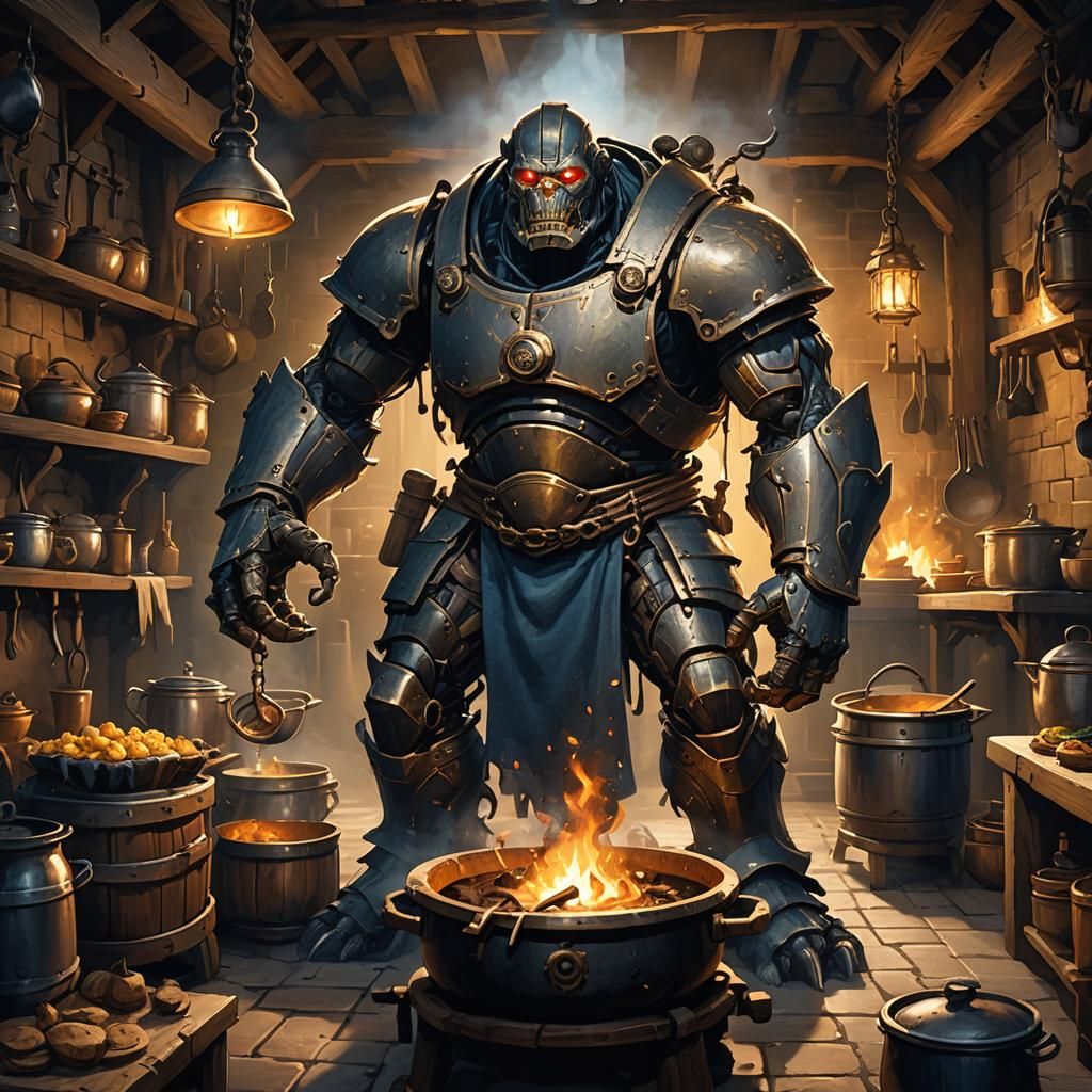 Warforged Golem Cooks in Dark Medieval Kitchen