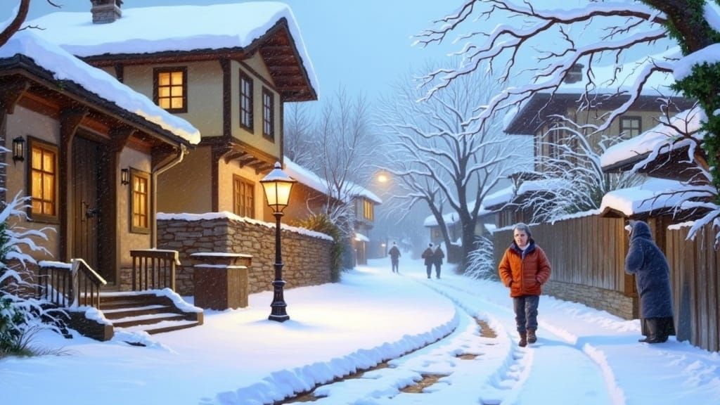 Pixar-Style Snow Village Scene with Walking Villagers