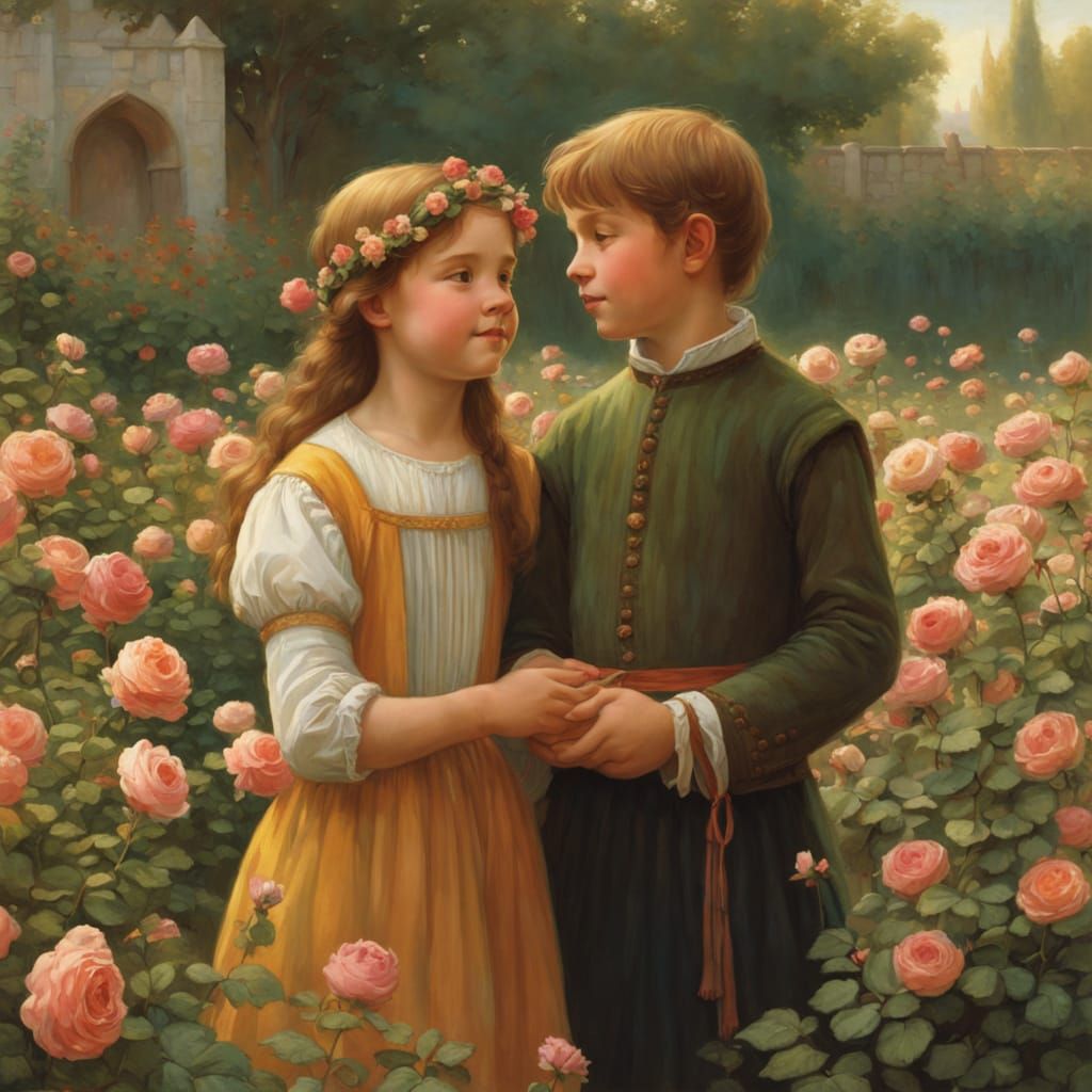 Whimsical Roses in a Medieval Garden Scene