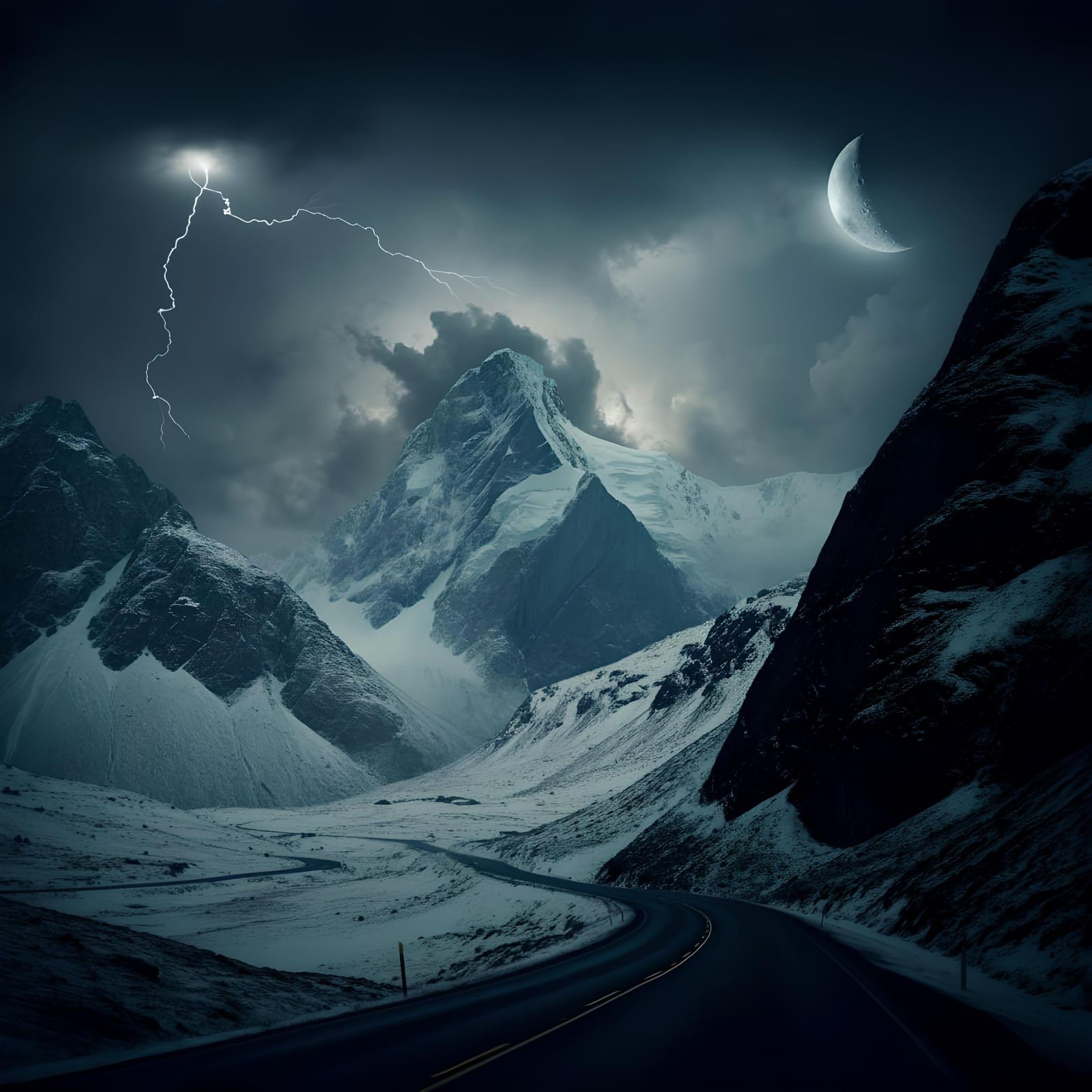 Dramatic Snowy Mountain Road at Night