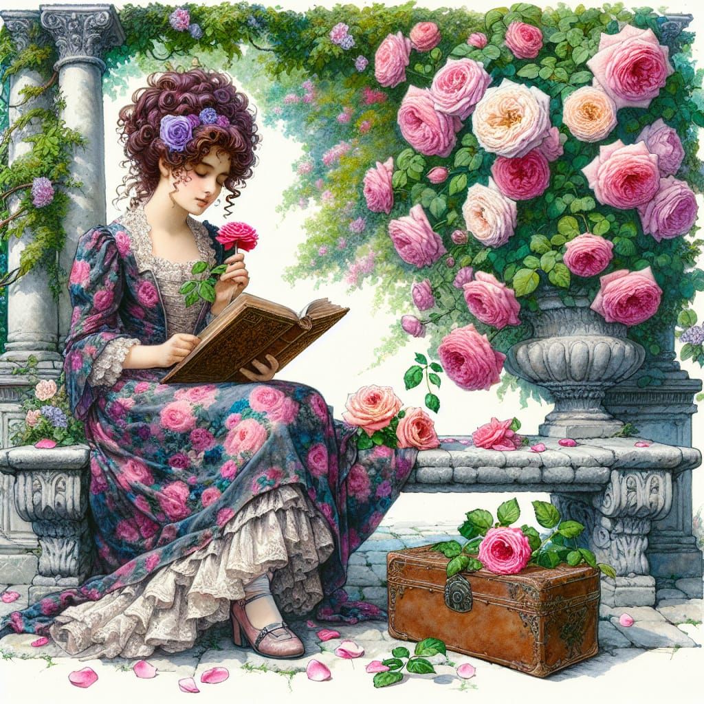 Lady in Stone Garden Reading a Book in Watercolour Style
