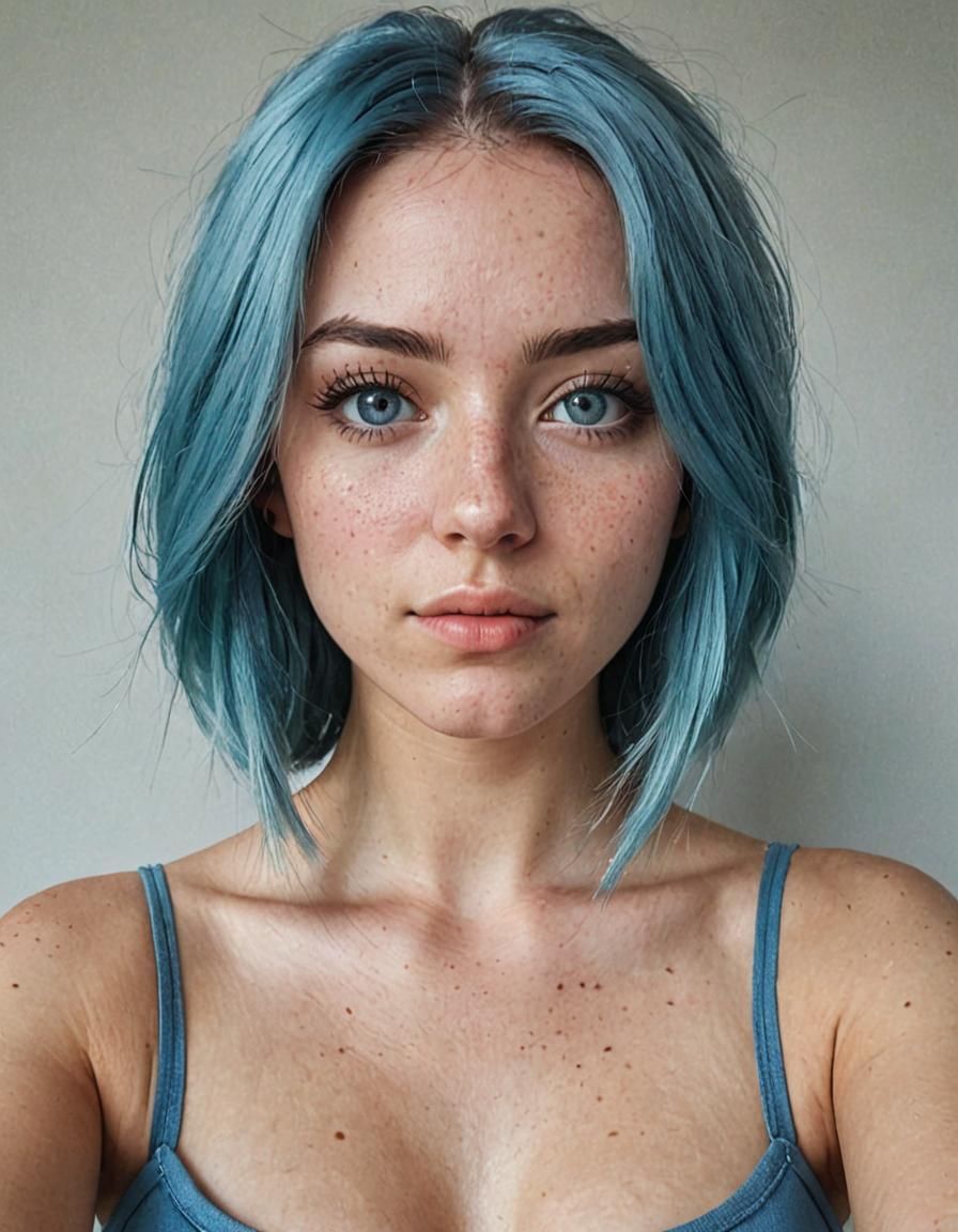 American Girl with Blue Hair in Gym Selfie