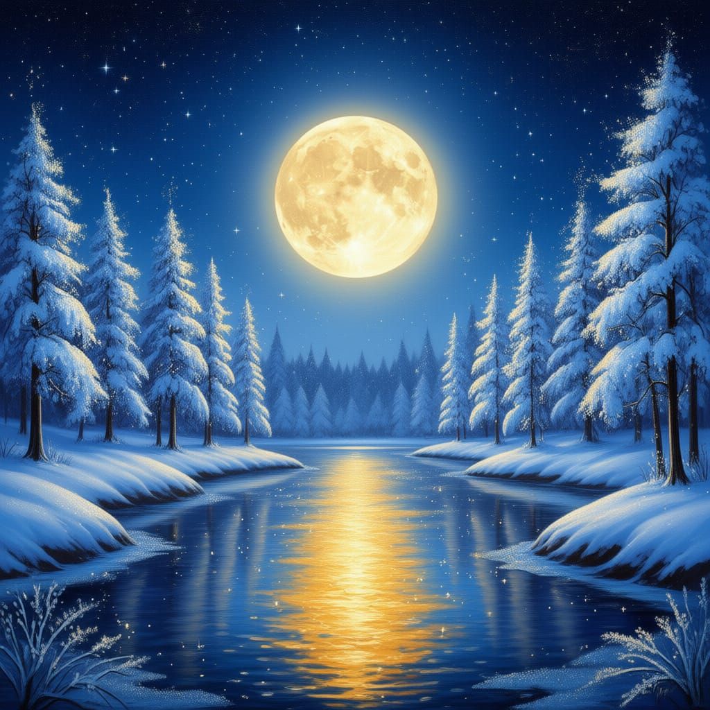 Serene Winter Moonlit Night Landscape with Golden River Refl...