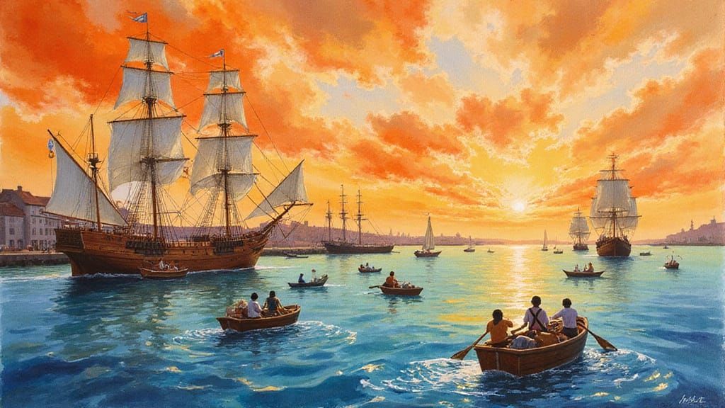 Sailing Ships in a Bustling Harbor, Watercolor Style