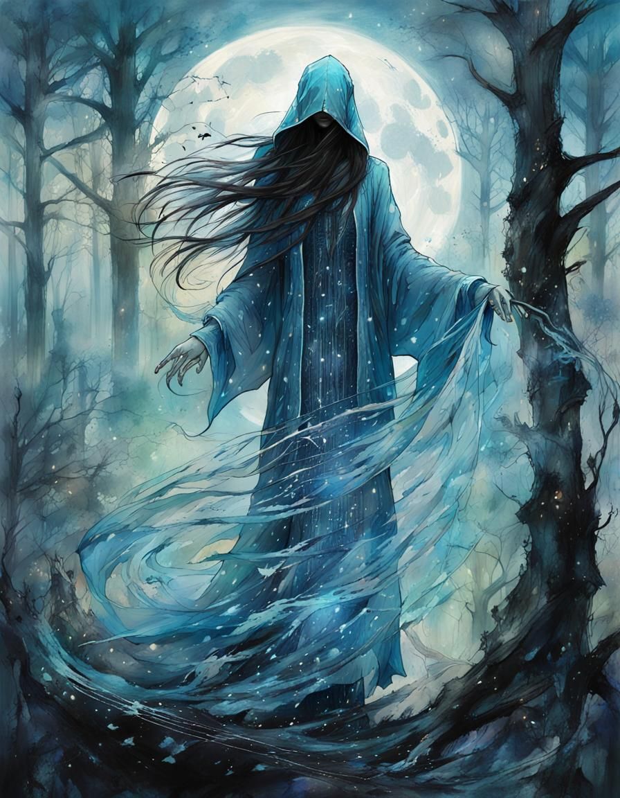 Mystic Sorceress in Moonlit Forest: Surreal Watercolor Art