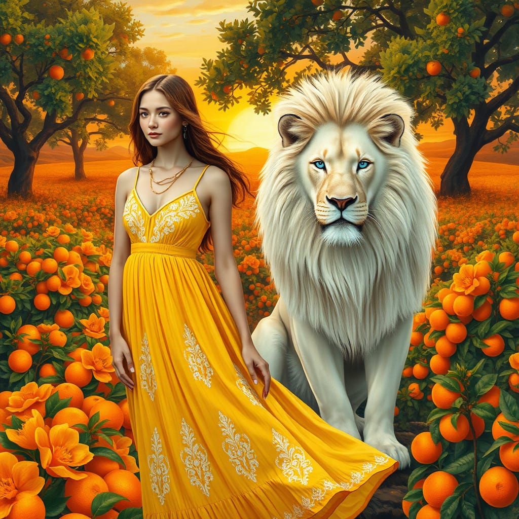 Young Lady Amidst Orange Farm with Regal White Lion