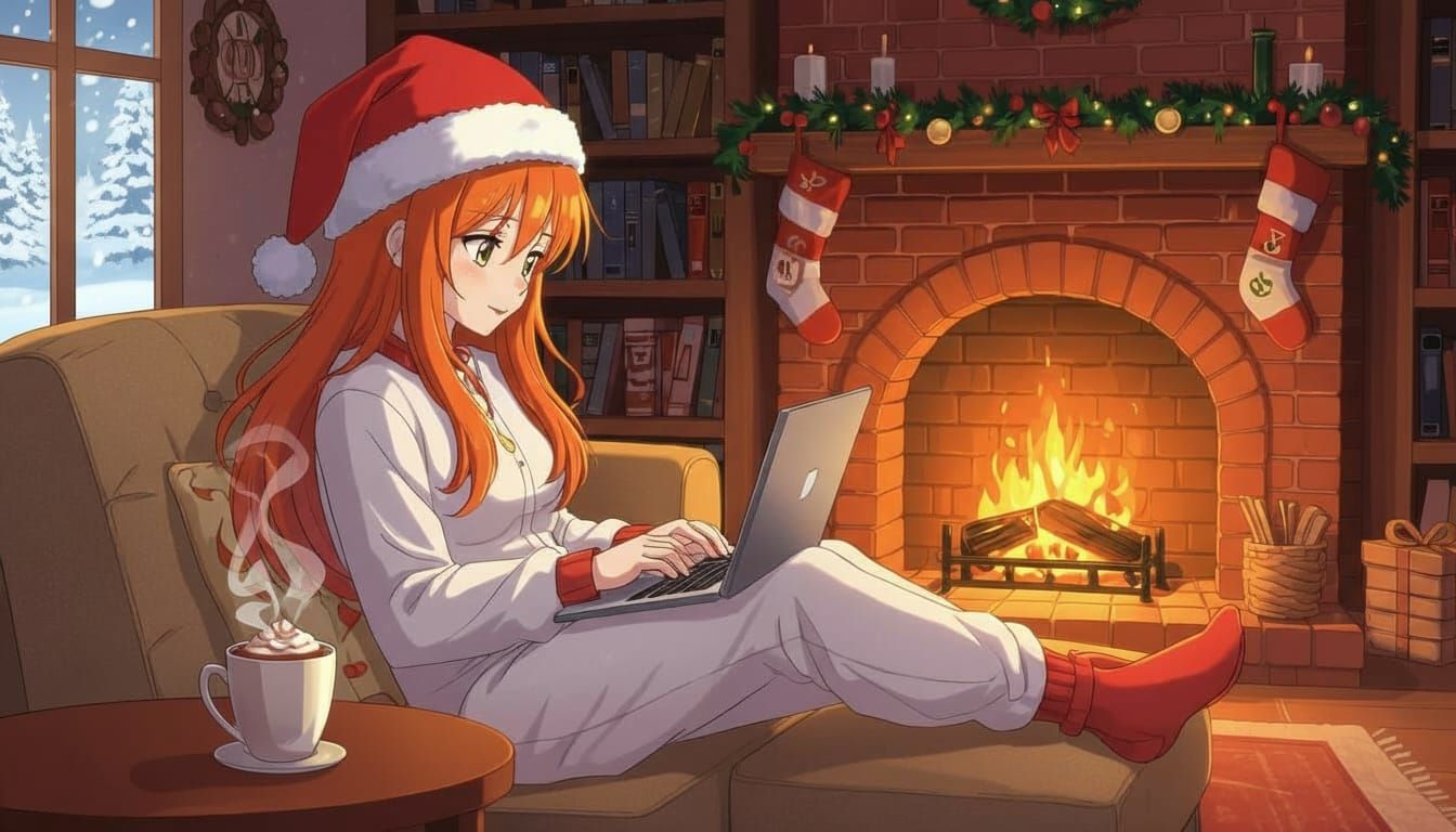 Cozy Anime Girl Typing Future Events by Fireplace