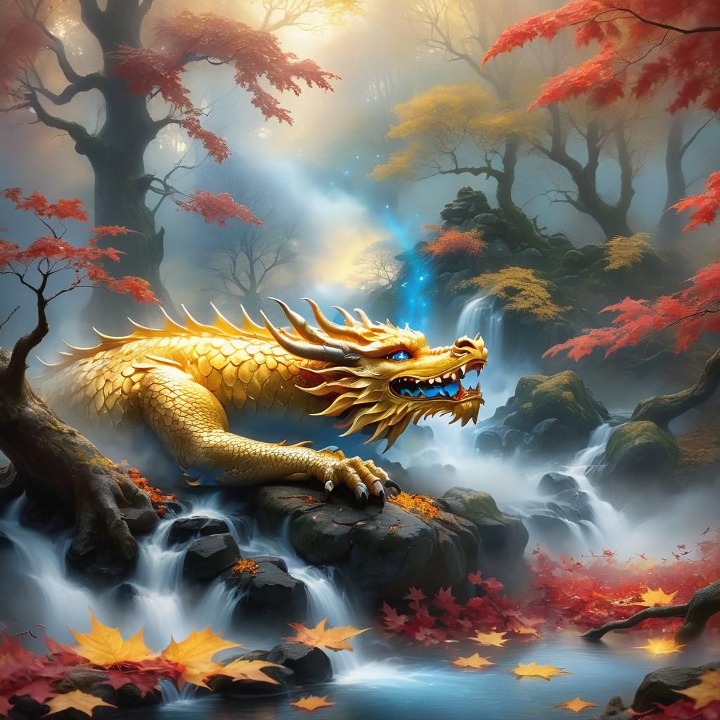 Golden Dragon in Autumnal Dreamscape
