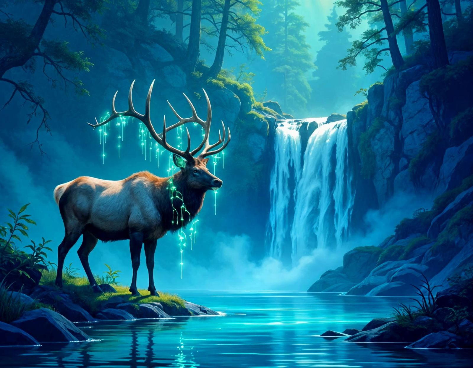 Majestic Elk by Bioluminescent Waterfall