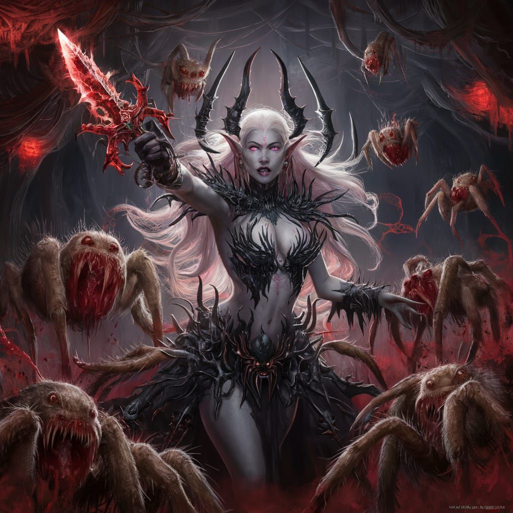 Drow Priestess of Lolth with Spiders in Underground Tunnels