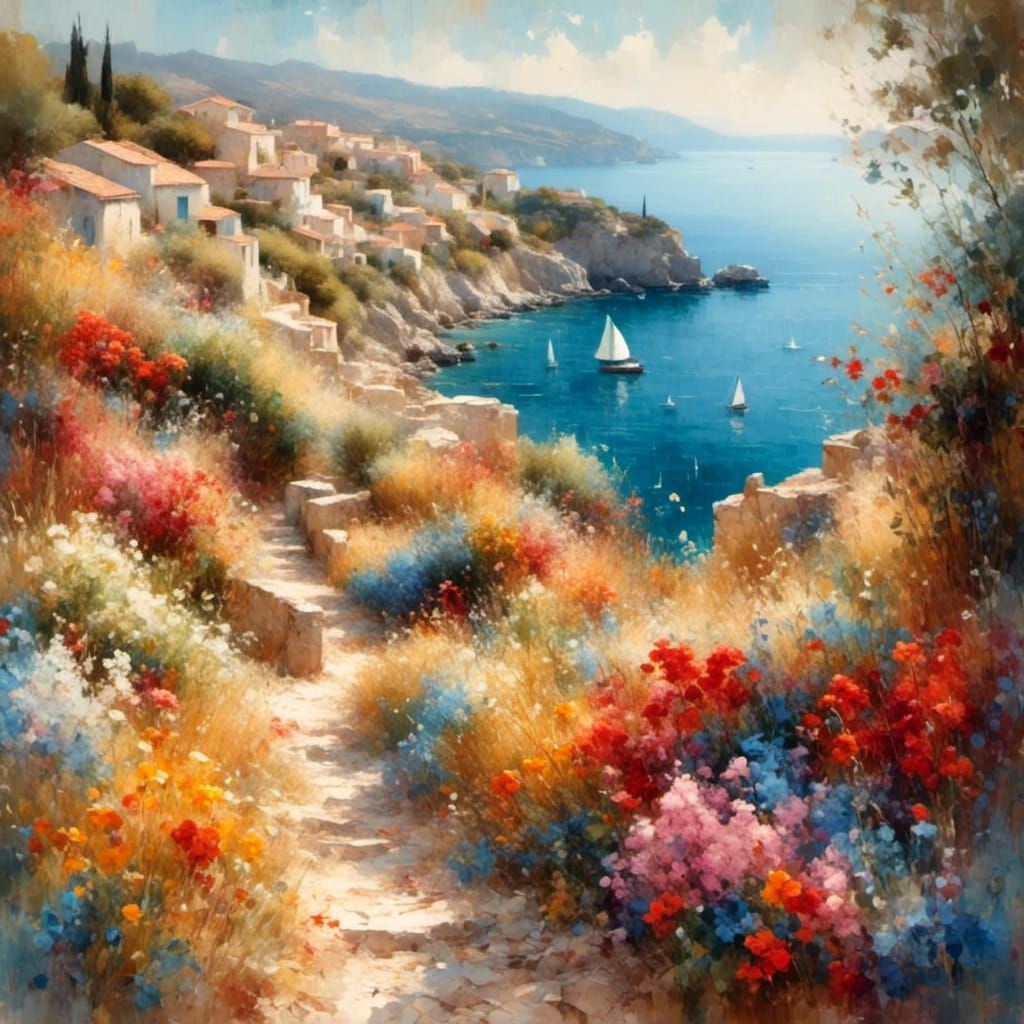 Mediterranean Village in Impressionist Style