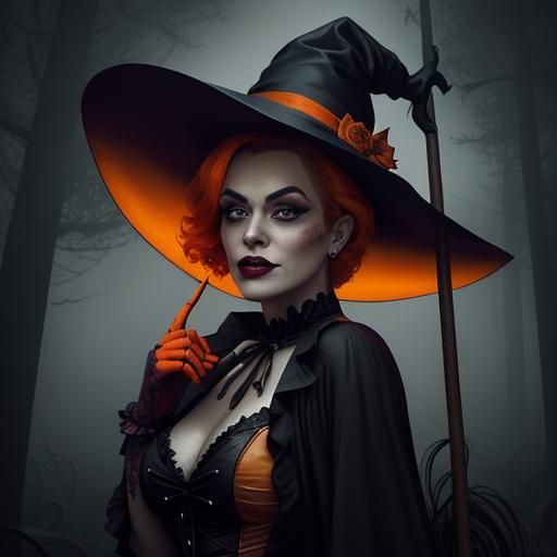 Gothic Witch Bombshell in Halloween Pin-Up Art