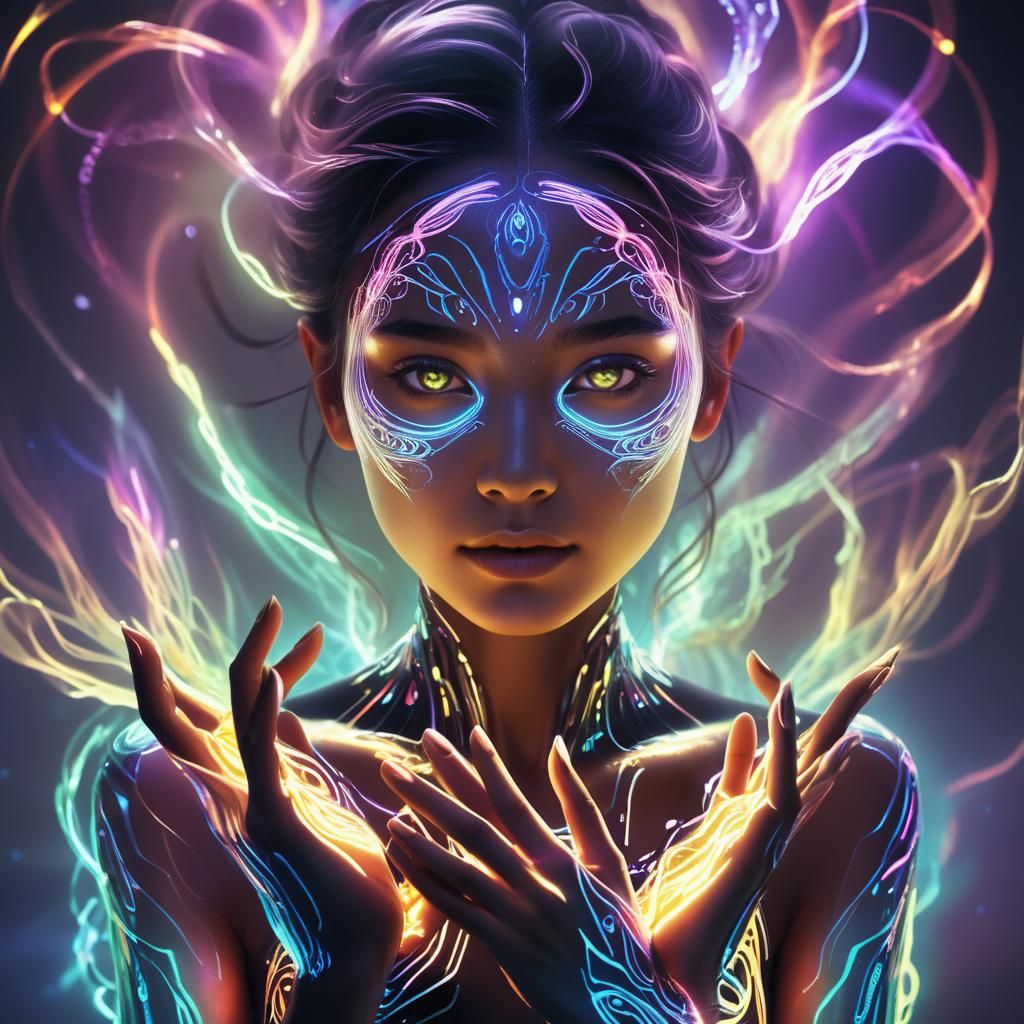 Bioluminescent Woman with Glowing Aura in Digital Art