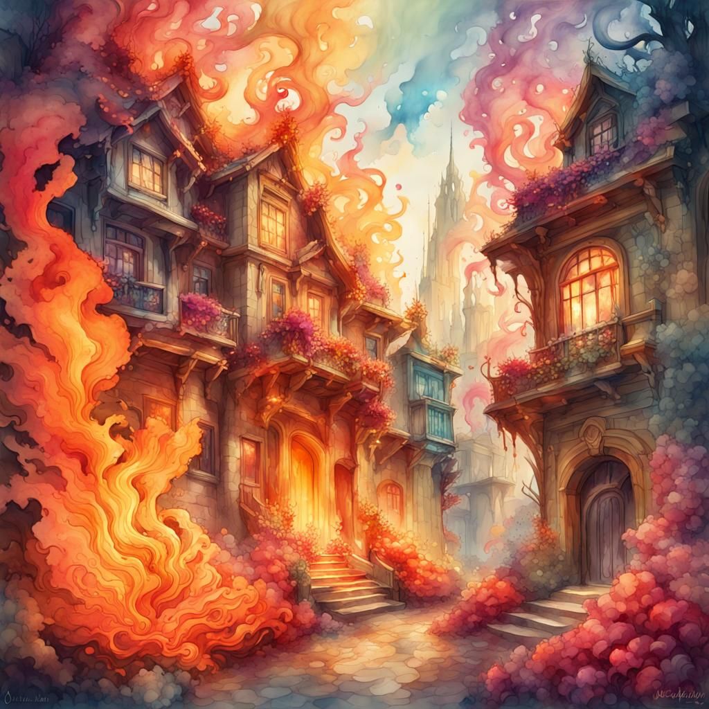 Fantasy Fire in Watercolor Fairytale Style