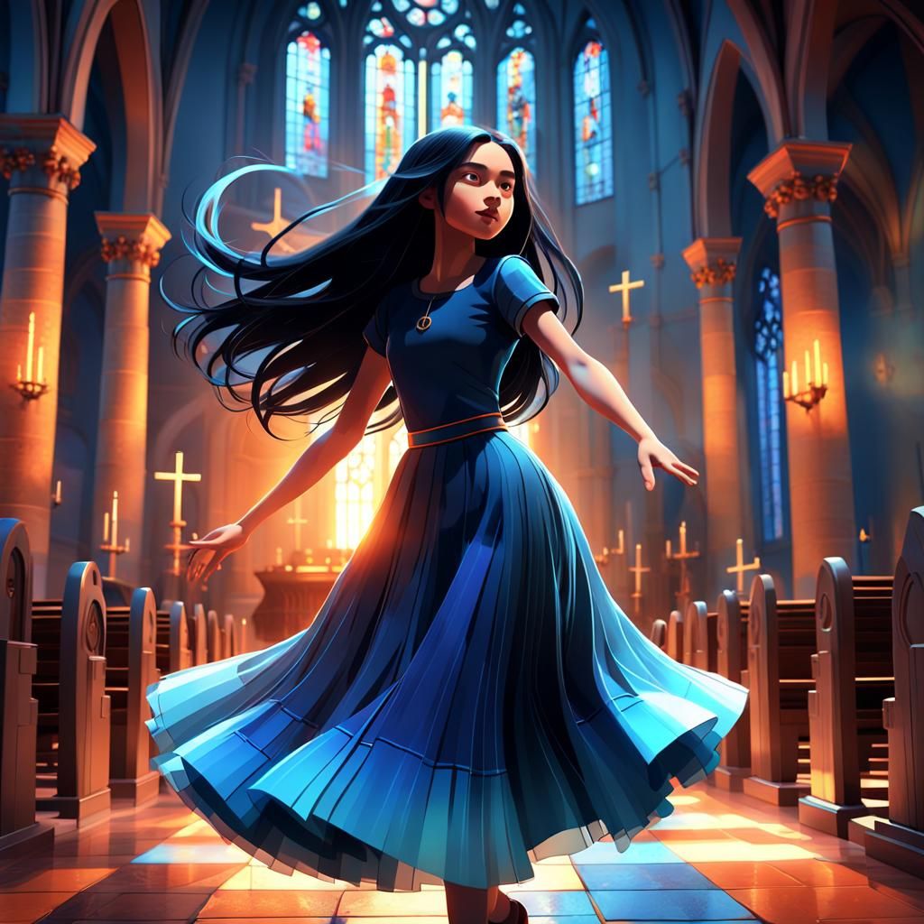 Woman Dancing in Church: Vibrant 3D Render