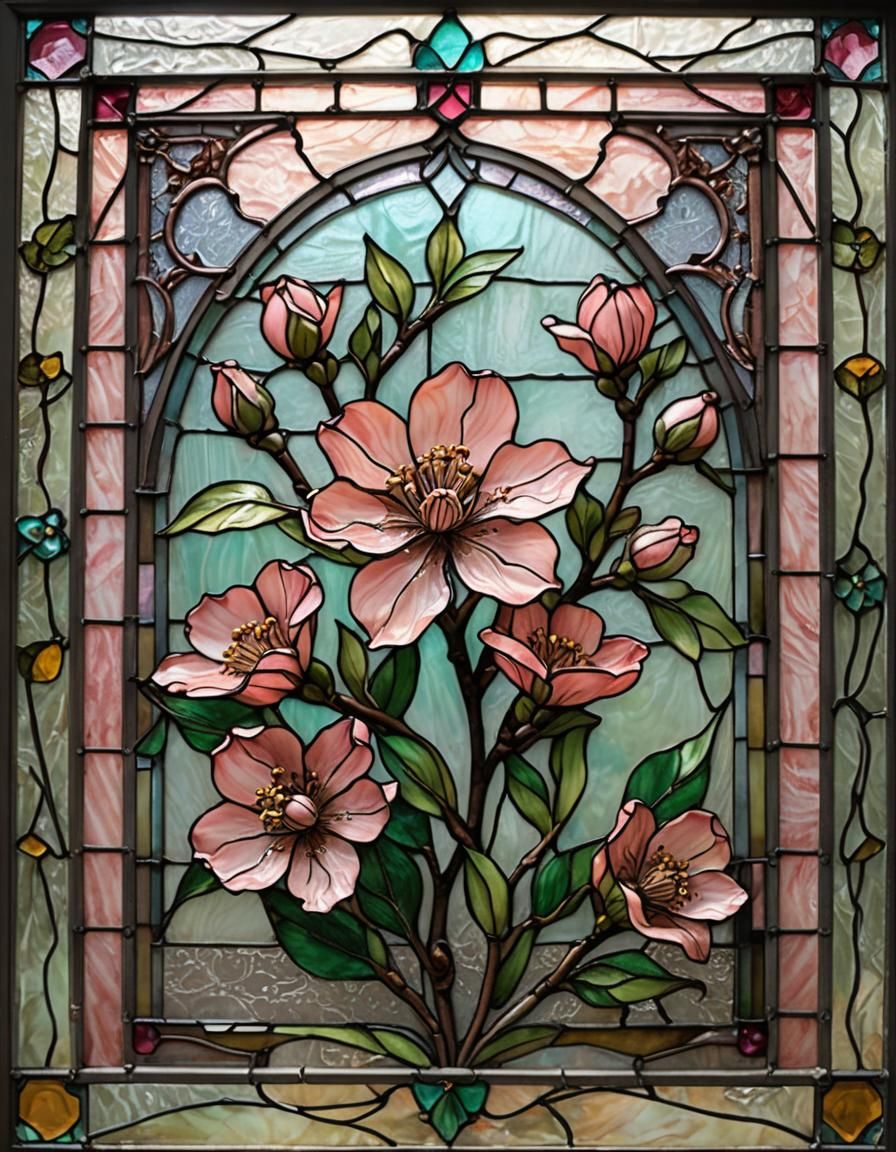 Stained Glass Almond Flower in Art Nouveau Style