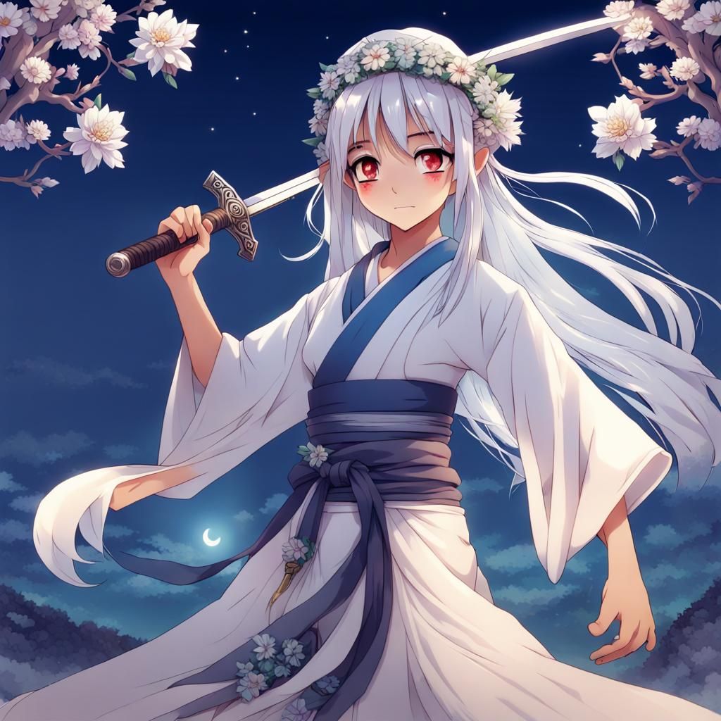 Anime Style Indian Girl with Swords and Kimono