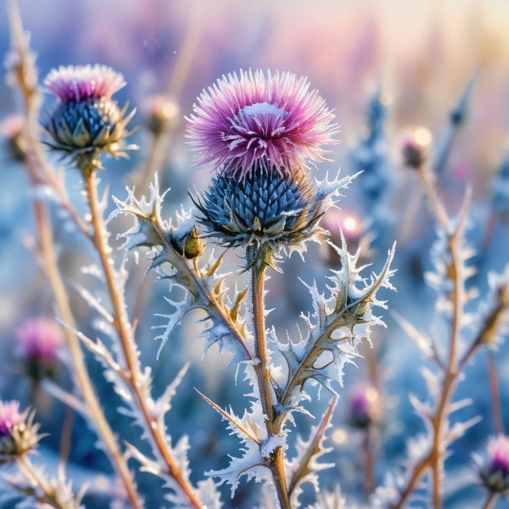 Icy Thistle in Winter Landscape, Watercolor Impressionism