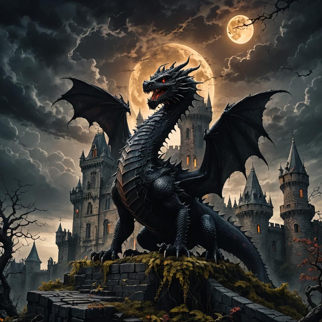 Black Dragon Guarding Castle Under Bloody Moon